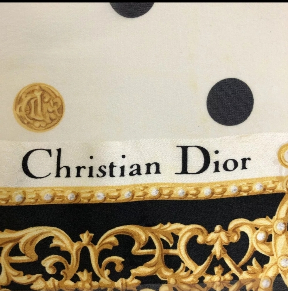 Christian Dior Vintage Emblem Logo Polka Dot Pattern Silk Scarf + Dior Hard Box - Picture 7 of 9